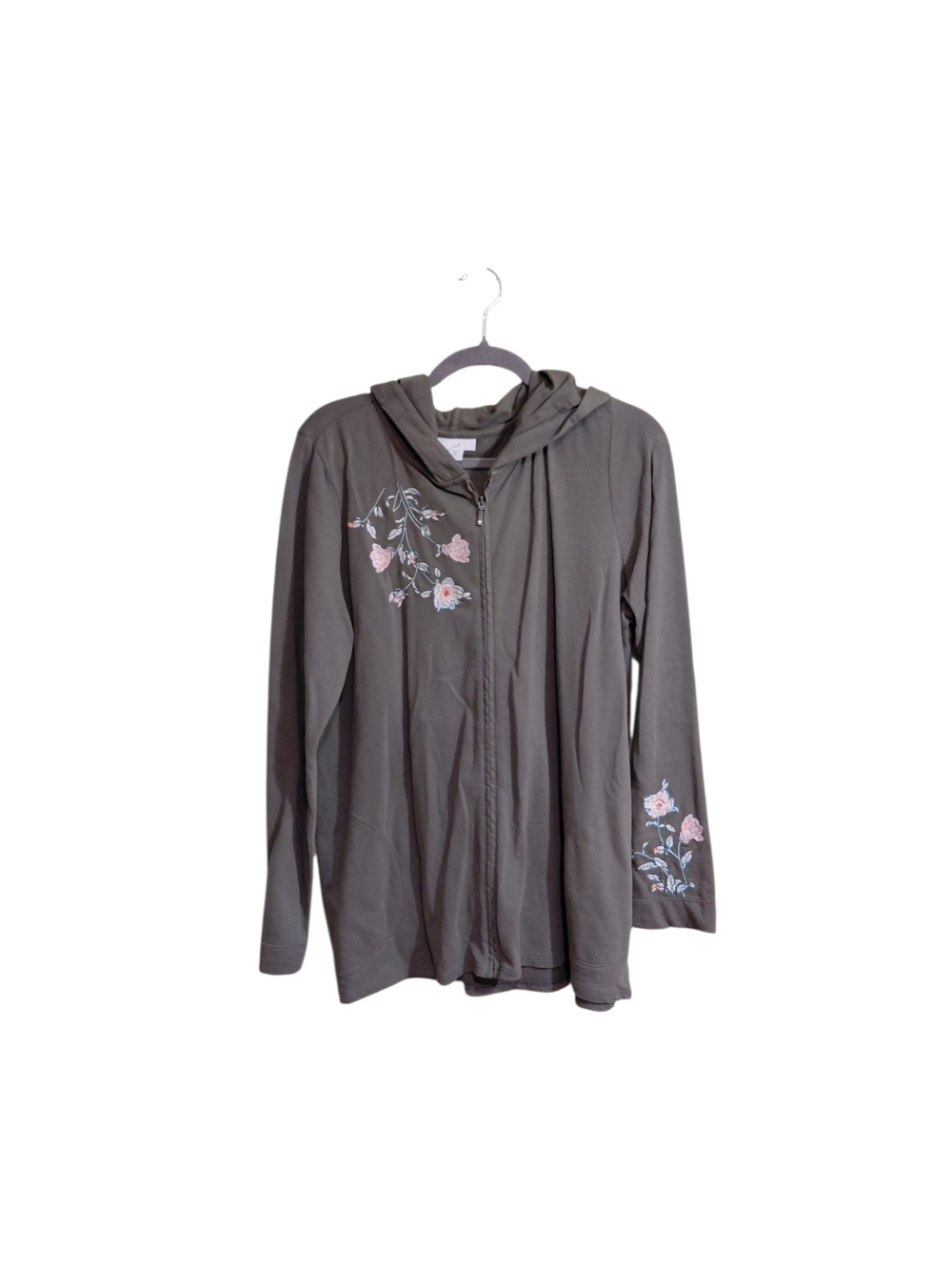 J. Jill Green Hooded Zip Jacket with Pink Floral Embroidery